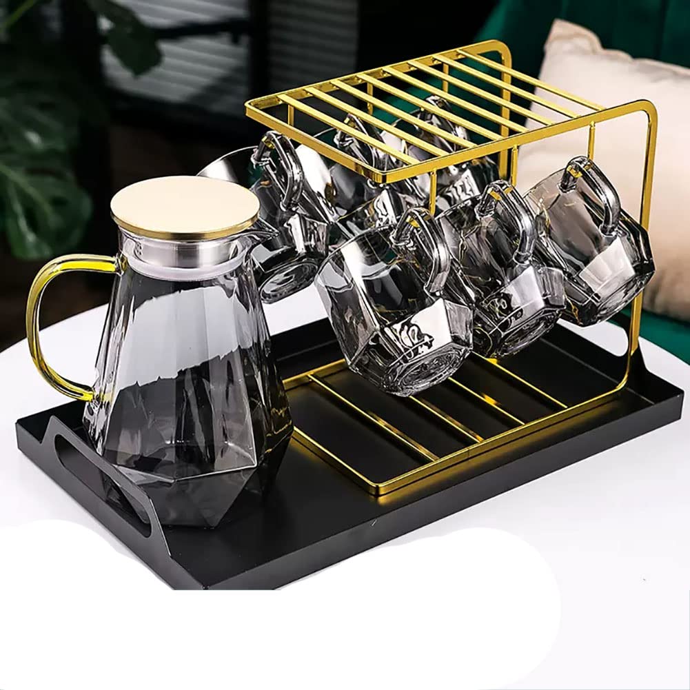 DESALAI Drinking Glasses Set of 6 Drinkware Kitchen Glasses Set with Rack Kettle Tray Iced Coffee Beer Ice