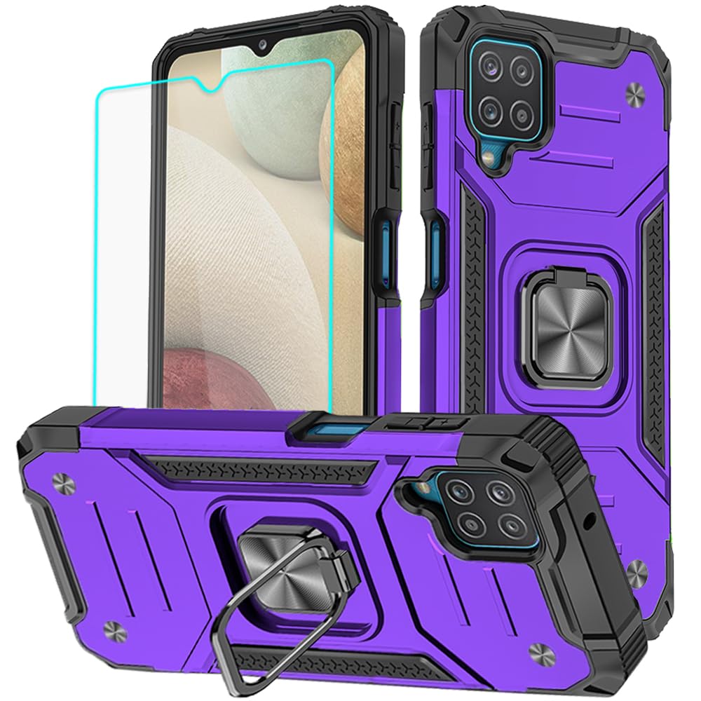 HNHYGETE for Galaxy A12 Phone Case with Screen Protector, 360°Military Grade Rotatable Kickstand [Shockproof] Protective C...