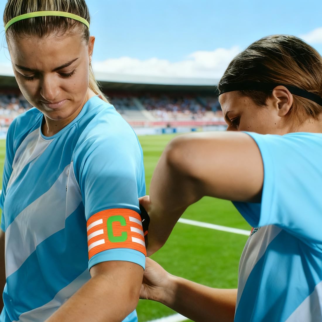 Brazalete de capitán de fútbol deportivo elástico con cierre para adultos y silbato (negro, naranja)