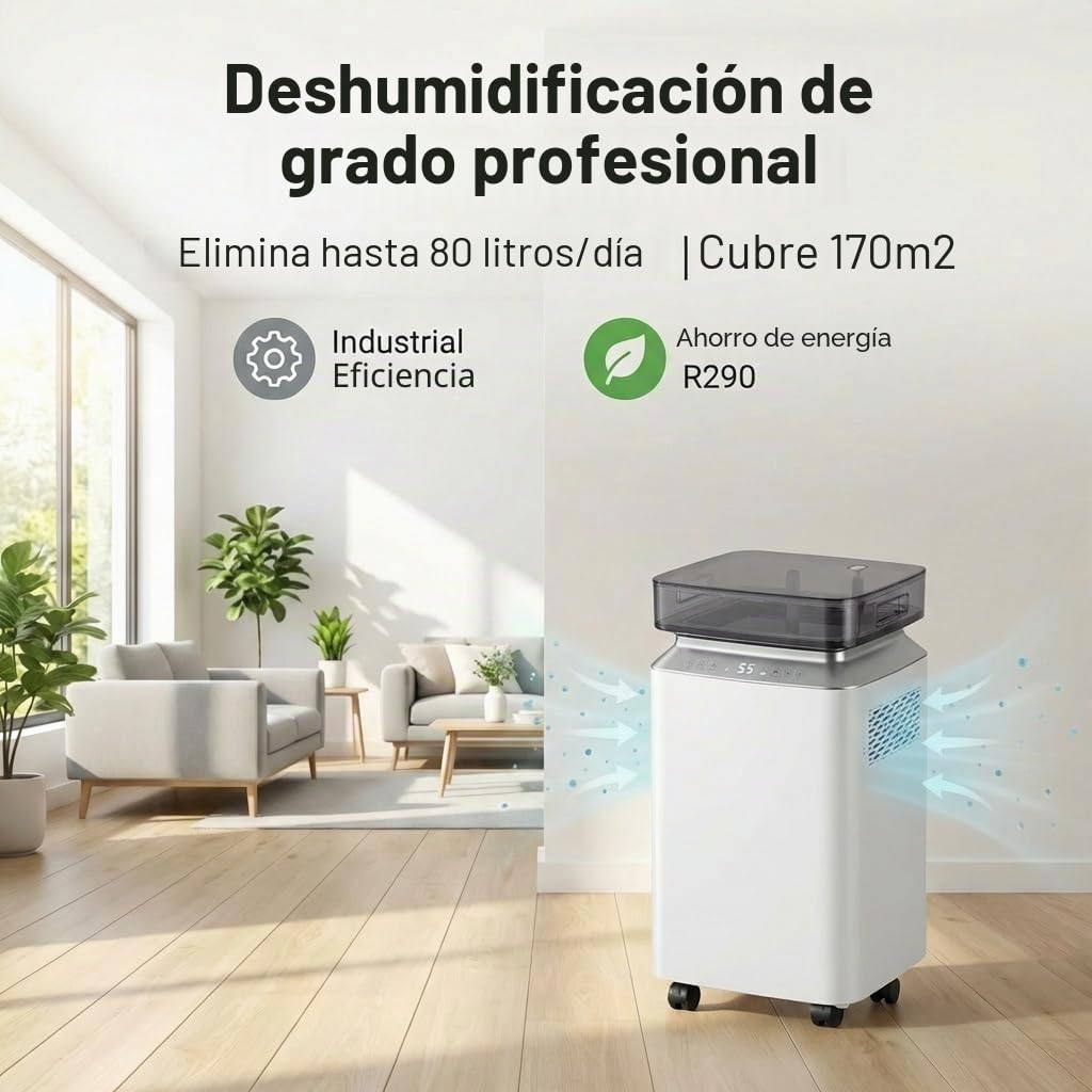 Deshumidificador Eléctrico Comerciale con Bomba: 80L/Día Alta Capacidad Tanque 8L y Drenaje Continuo Portátil con Ruedas para Casa Oficina Trastero Almacén Espacios Grandes