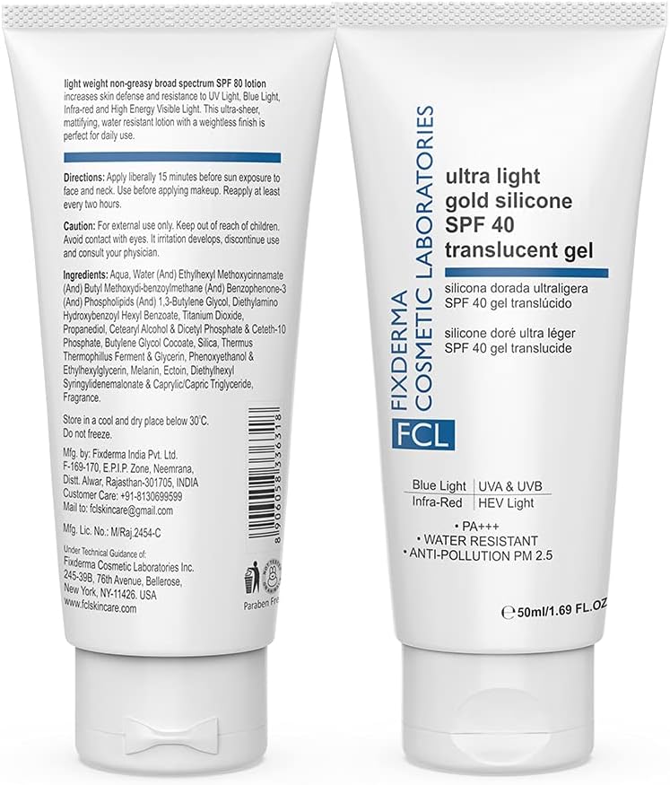 FCL Ultra Light Gold Silicone SPF 40 Translucent Gel | Sunscreen for Body & Face | SPF 40 Sunscreen for Women & Men 50ml