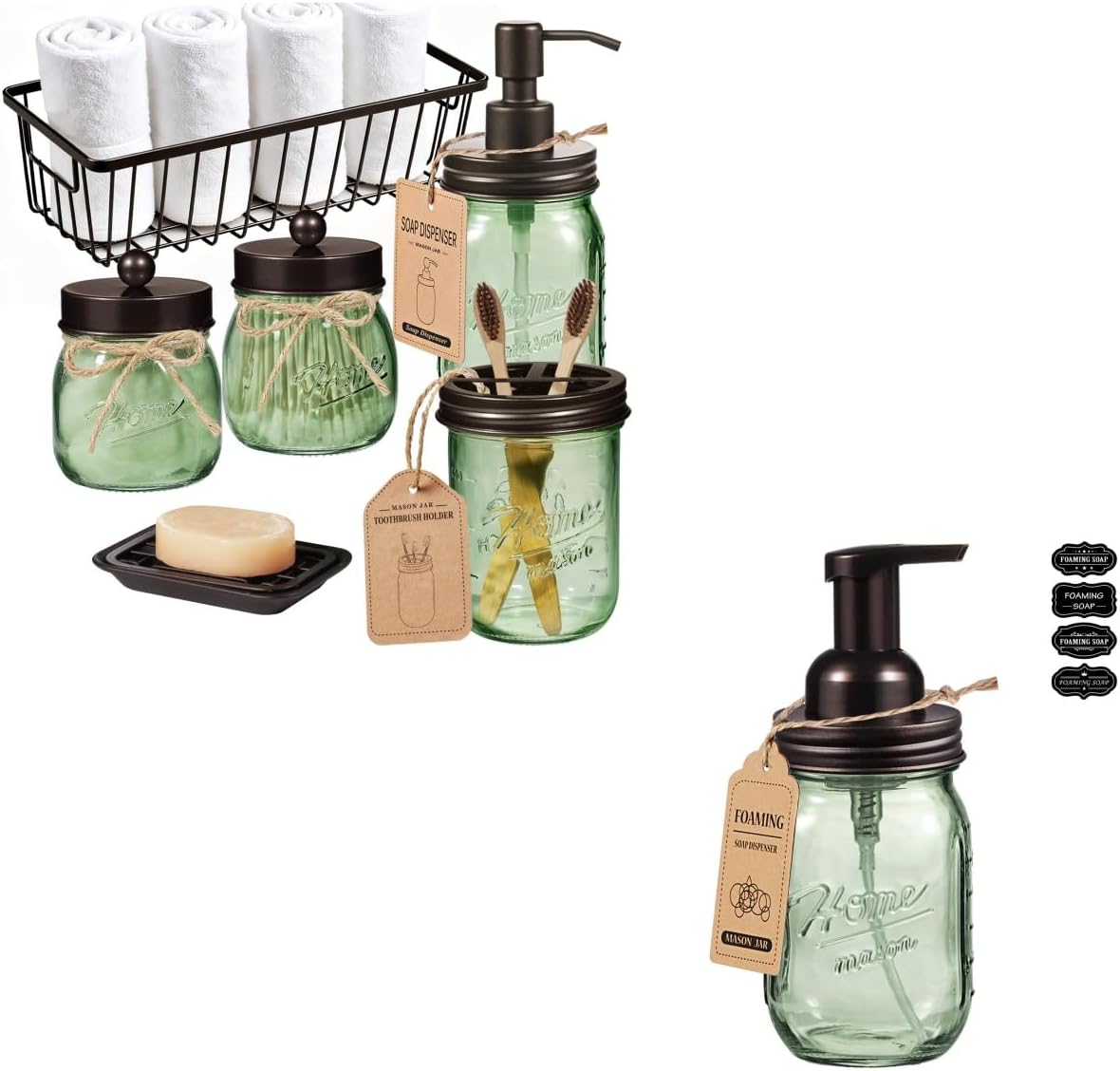 SheeChung Glass Foaming Hand Soap Dispenser, Stainless Steel Lid & 6Pcs Mason Jar Bathroom Accessories Set, Soap Dispenser, Toothbrush Holder, Qtip Holder Bathroom Set