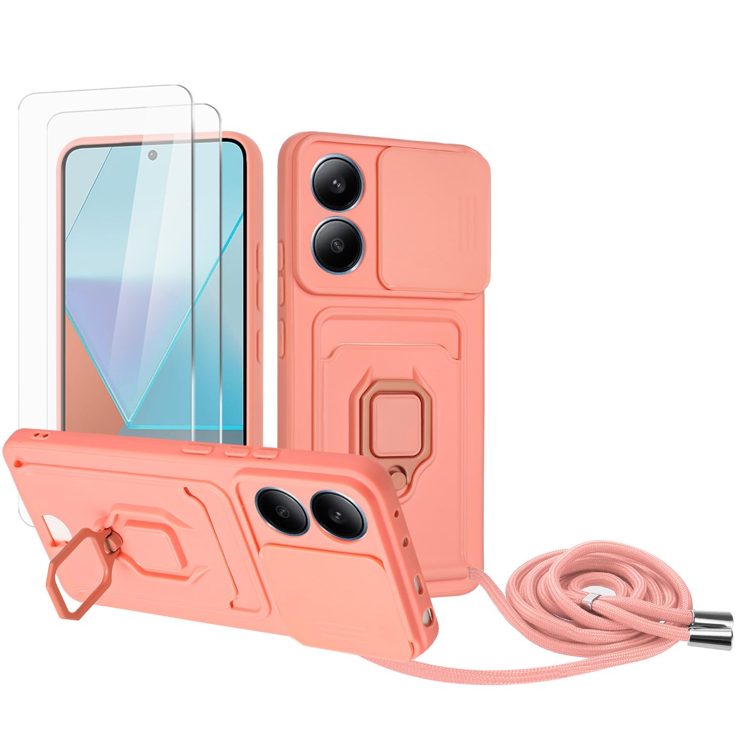 Zallagre Funda con Cuerda Compatible con Redmi Note 13 Pro 5G,[2 Packs Cristal Templado],Ranura para Tarjetas,Cubierta de Cámara Deslizante Proteger,360 Anillo Soporte-Morado — view 50