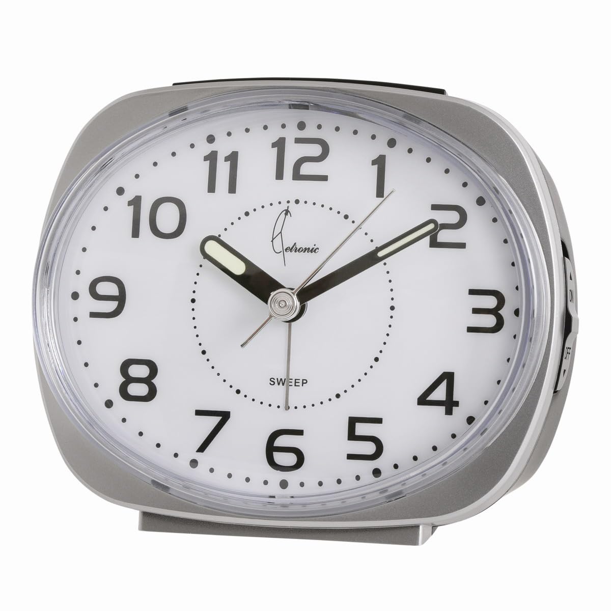 Cetronic Silver Clock with Progressive beep, Silent Movement, Luminous Hands, Snooze Function, Flashing Light Alarm, Petit