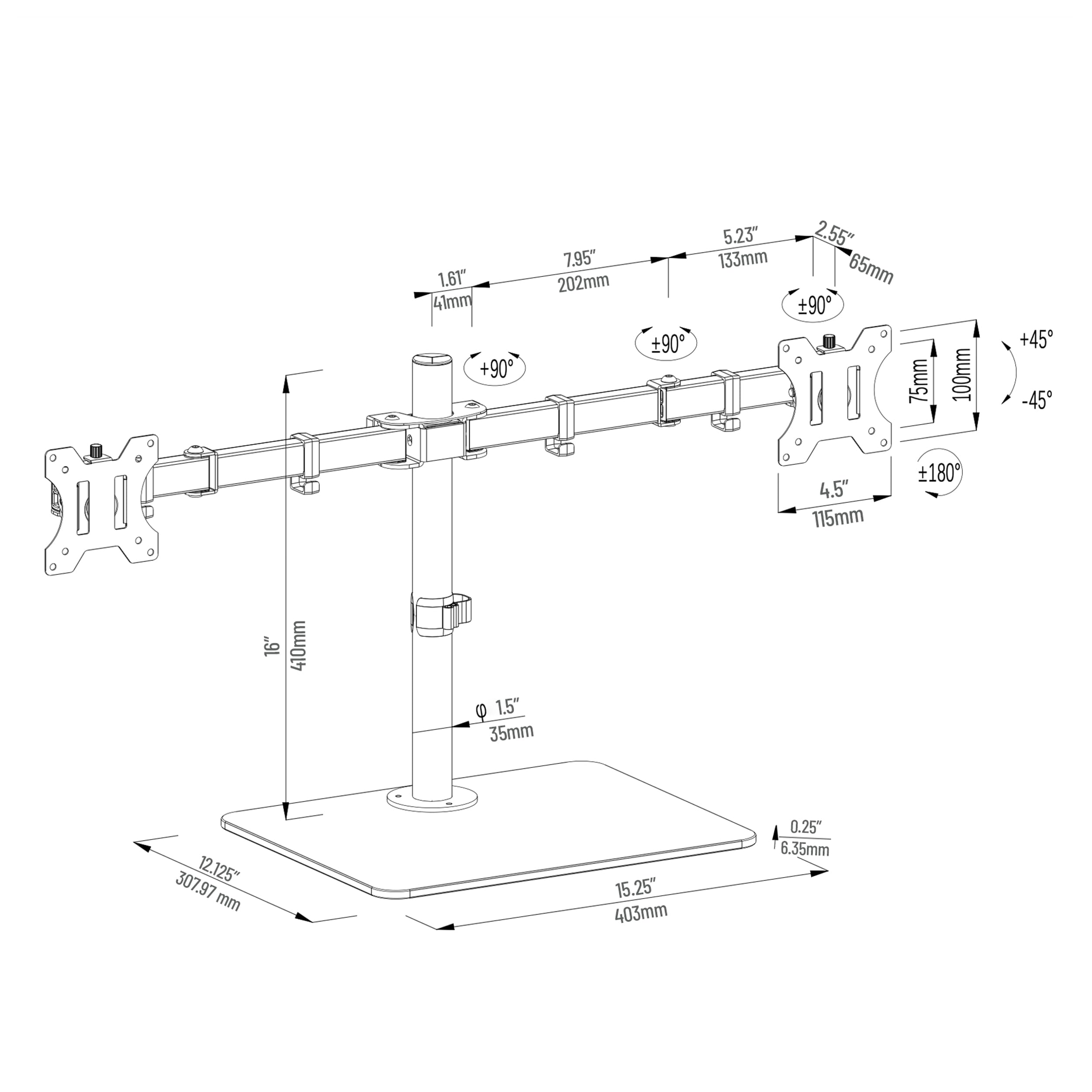 Mind Reader Supporto da scrivania per doppio monitor da 13"-32", VESA 75x75/100x100, movimento completo con rotazione di 180°, orientabile a ±90°, inclinazione ±45°, portata fino a 8 kg ciascuno