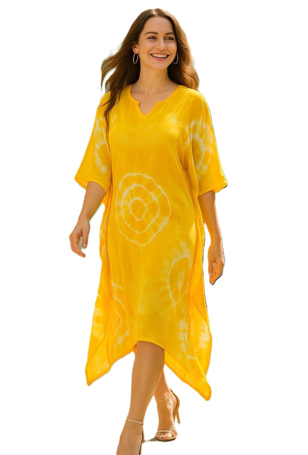 Women Yellow Handcrafted Tie-Dye Rayon Loose Fit Kaftan Dress | V-Neck | Flowy Kaftan Style | Lightweight & Breathable Fabric | Casual Wear