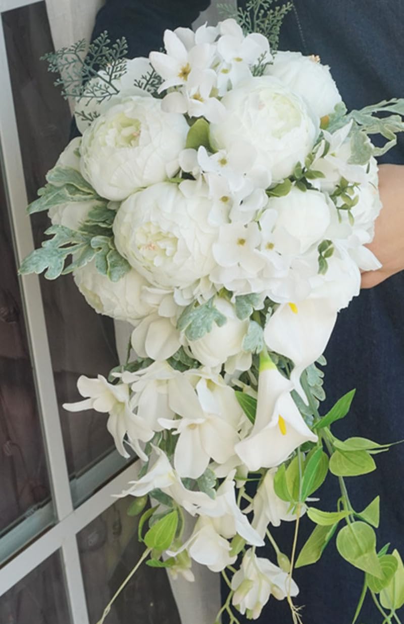 Ramos de boda para novia, cascada de gotas de agua, ramo de flores artificiales para ceremonia, aniversario, despedida de soltera, fiesta, boda, decoración de ramos (rosa blanca)