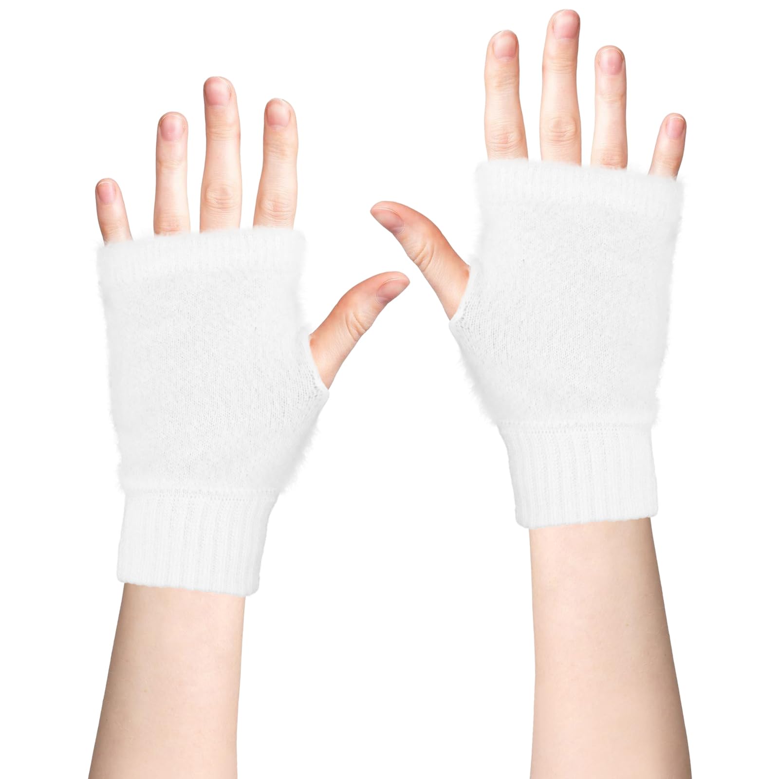 Fachoi Unisex White Fingerless Gloves For Women, Winter Thermal Knitted Mittens Thicken Plush Warm Half Finger Gloves Wrist Warmers With Thumb Hole For Work Outdoor Gifts F4-Mrbzst (White)