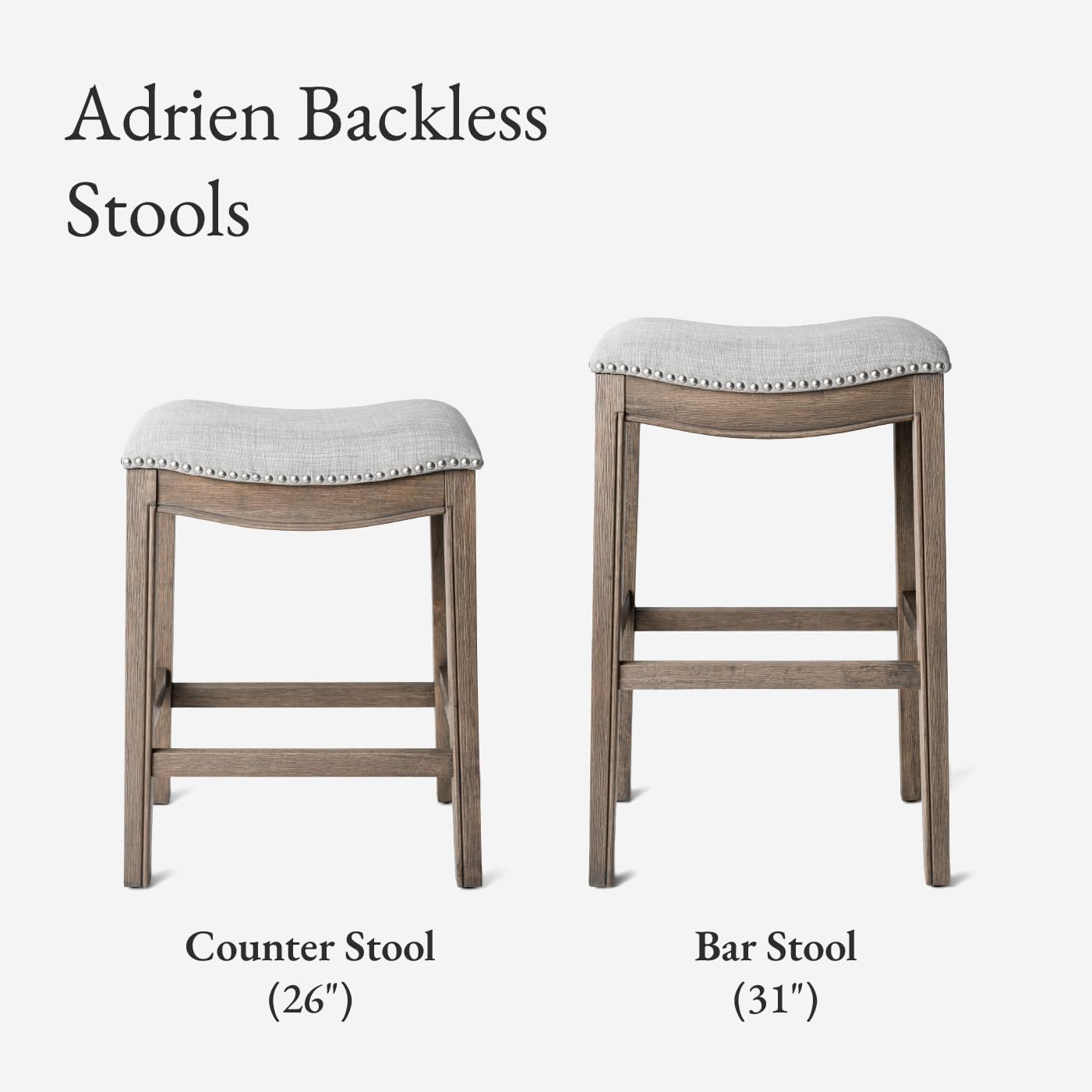 Maven Lane Adrien Backless Bar Stool – Set of 4 – 31 Inch Saddle Seat with Footrest – Grey Solid Wood Frame & Grey Fabric Upholstery – Ideal for Bars, Pub Tables & Tall Kitchen Counters