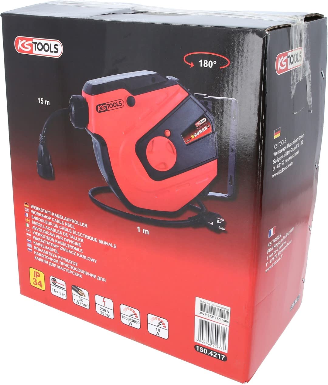 KS Tools 150.4217 Avvolgicavo per officine, 15m, 1,5mm²