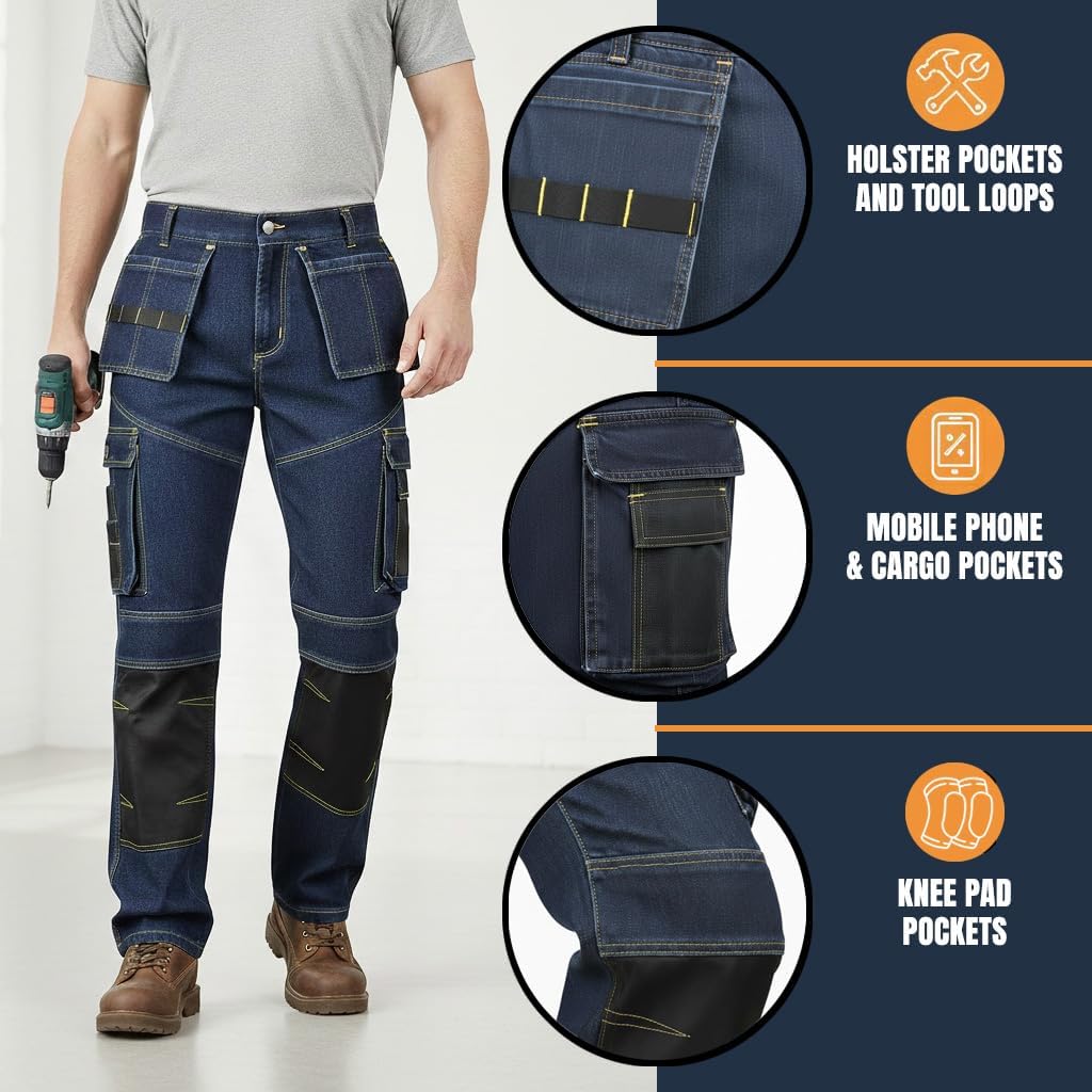 FASHIO FF Men’s Utility Work Jeans – Denim Cordura Work Pants with Holster Tool Pockets, Heavy-Duty Trouser for Men - Image 4