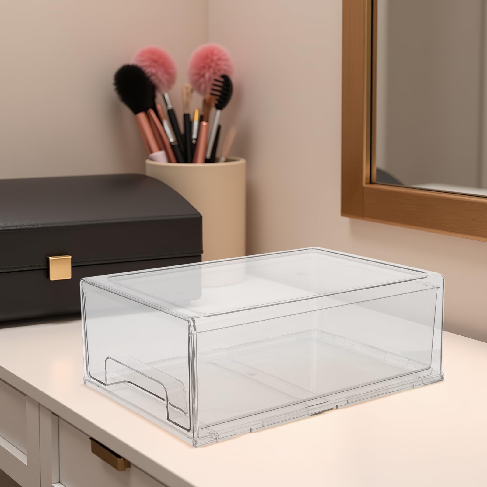 Vaguelly Cajón de almacenamiento apilable, caja de acrílico transparente, organizador de maquillaje, joyas, oficina, papelería, tocador, armario de baño, organización de despensa.