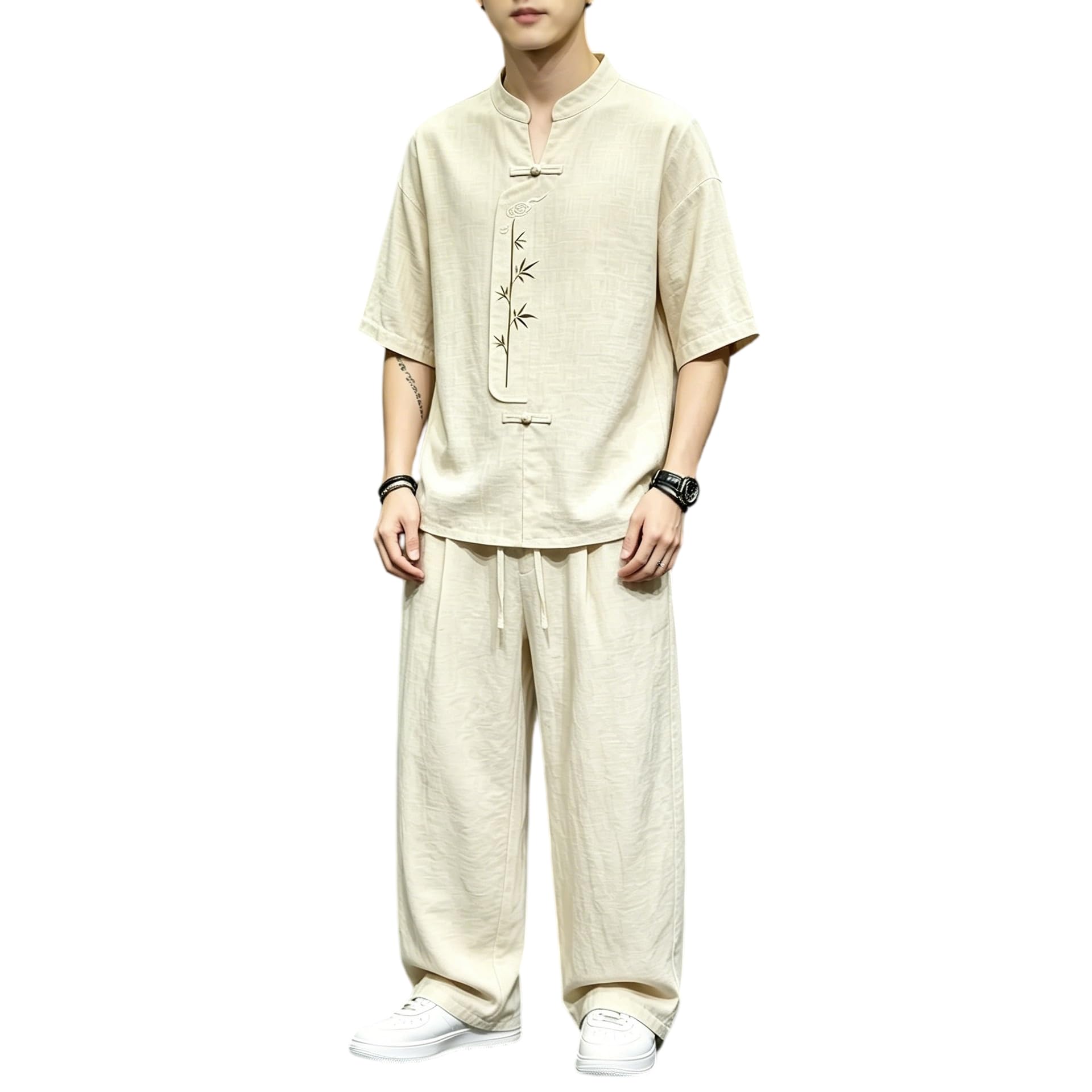 Set 2 pezzi da uomo ricamato con maglia a maniche corte | Ricamo ramo,Abbottonatura a rana,Pantaloni larghi,Abbigliamento primaverile