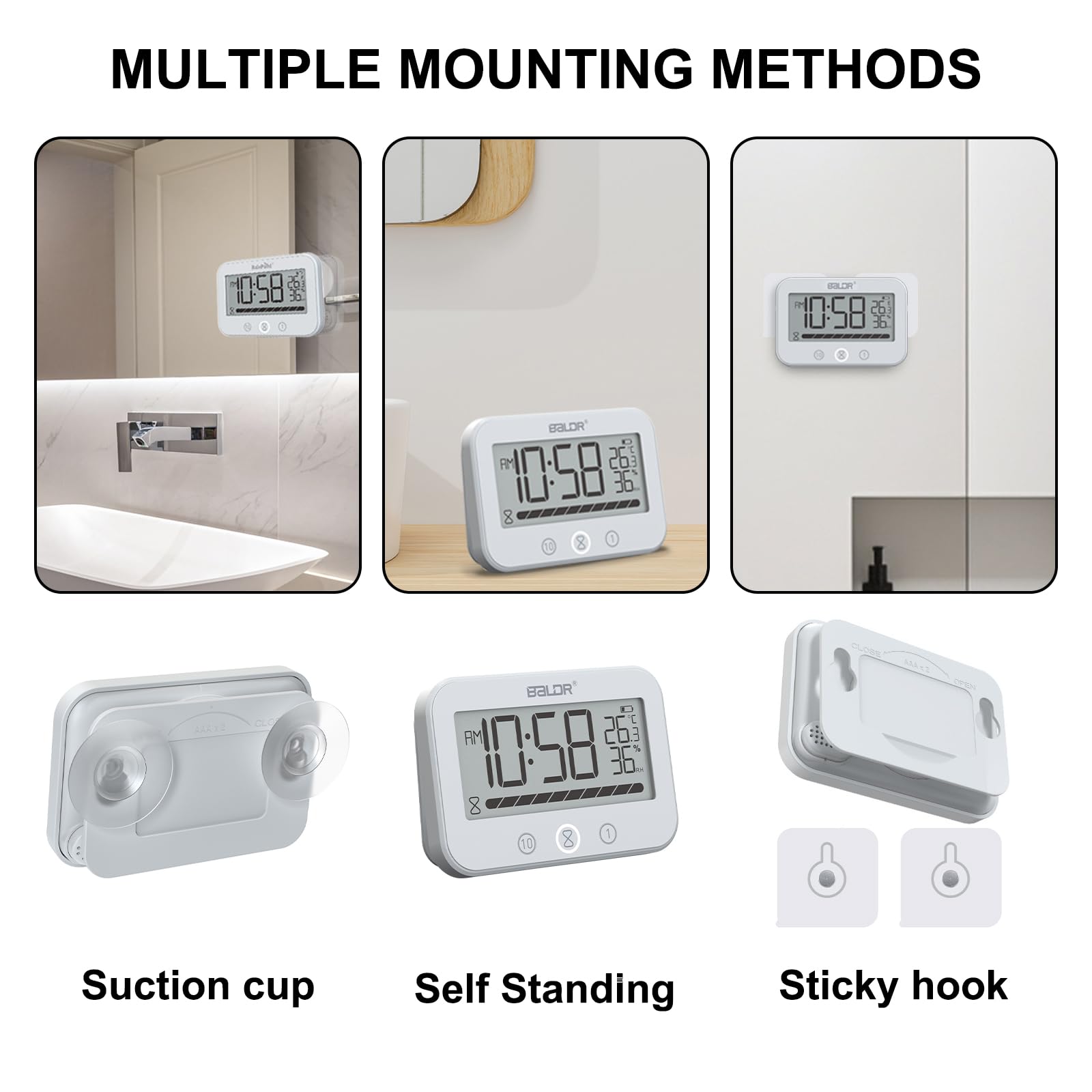 Orologio da Bagno Digitale, Orologio da Doccia Impermeabile IP54 con Temperatura e Umidità, Conto alla Rovescia da 99 Minuti con Allarme, Ampio Timer LCD con 2 Ganci Adesivi e 2 Ventose