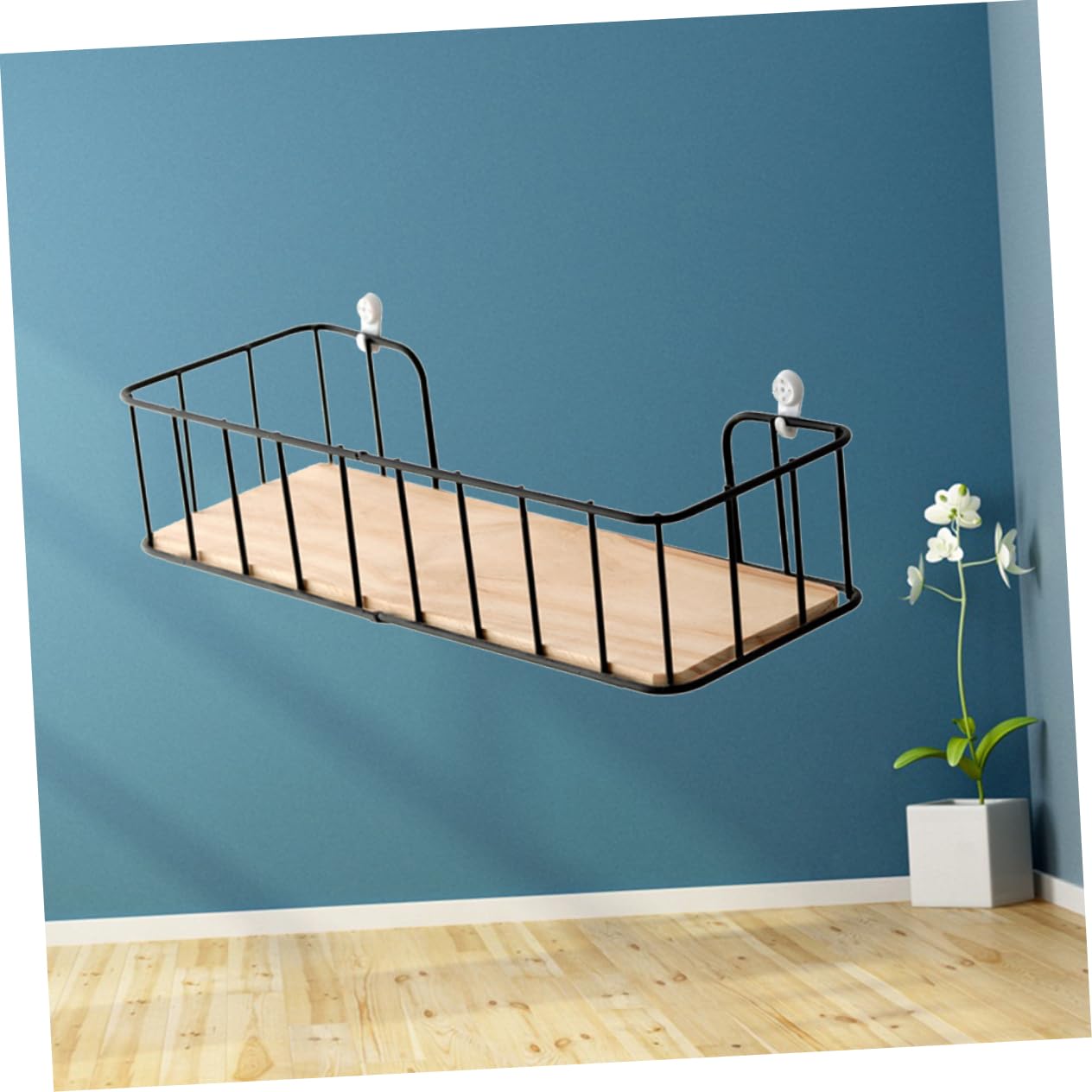 Happyyami Wall Mounted Storage Rack No Punching Wrought Iron Shelf for Living Room Bedroom Kitchen Black Wooden Wall Shelf for Organizing Cosmetics Towels and Essentials