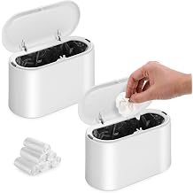 2 Packs Mini Plastic Trash Can with Lid,Small Desk Countertop Mini Garbage Cans,Tiny Waste Basket,White,Free 6 roll Bags