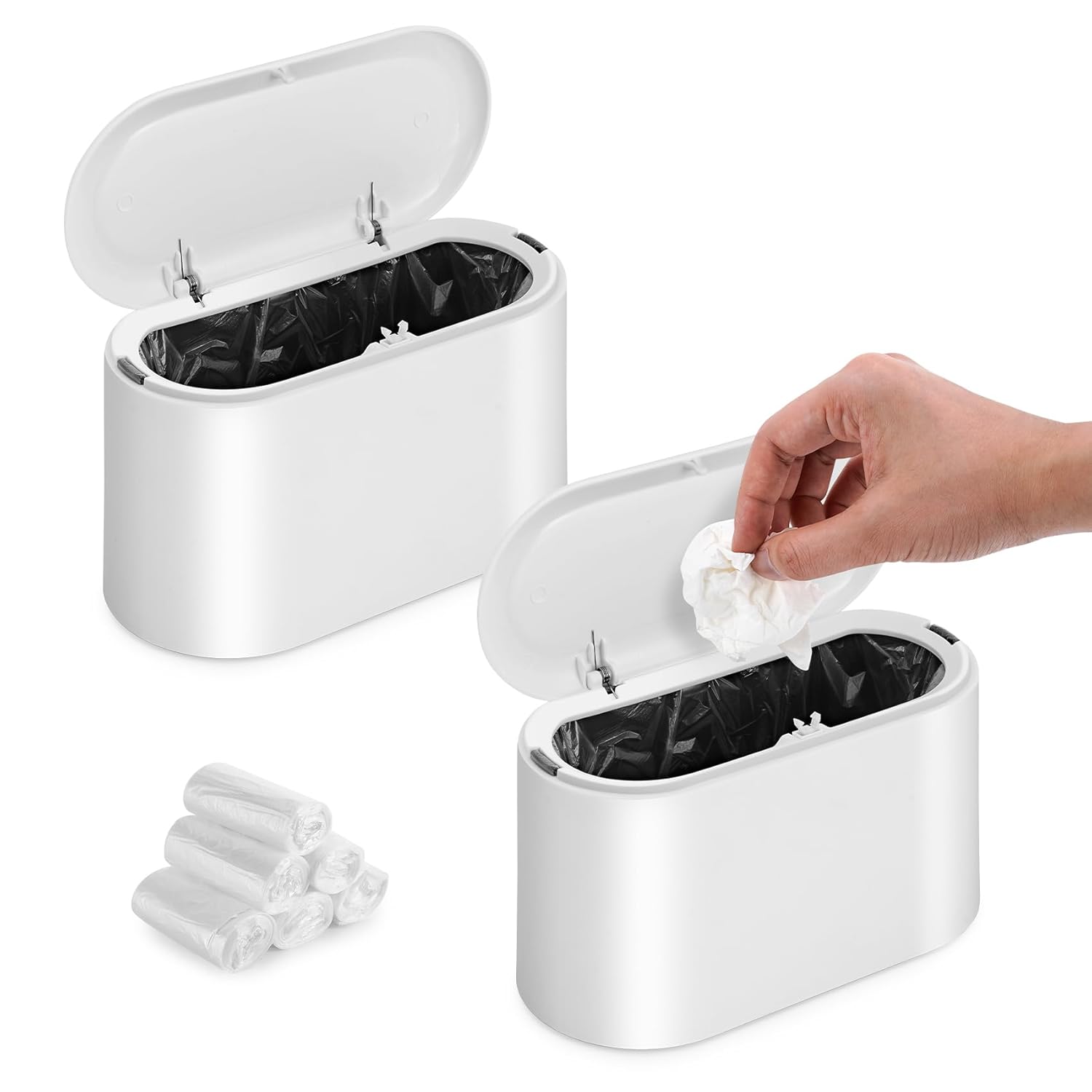 ZHOUWHJJ 2 Packs Mini Plastic Trash Can with Lid,Small Desk Countertop Mini Garbage Cans,Tiny Waste Basket,White,Free 6 roll Bags