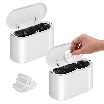 2 Packs Mini Plastic Trash Can with Lid,Small Desk Countertop Mini Garbage Cans,Tiny Waste Basket,White,Free 6 roll Bags