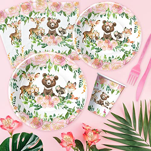 Apowbls Woodland Baby Shower Decorations Girl Tableware - Woodland Birthday Party Supplies, Plate, Cup, Napkin, Tablecloth, Cutlery, Straw, Woodland Creatures Animal Theme Party Decorations | Serve 24 #TOP6