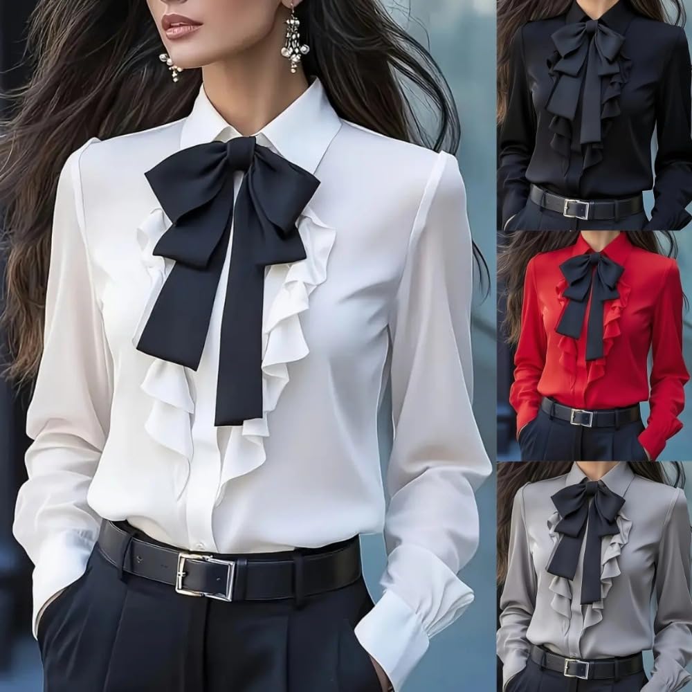 Camicette da donna con fiocco, stile vintage, a maniche lunghe, con volant, casual, da smoking, da lavoro