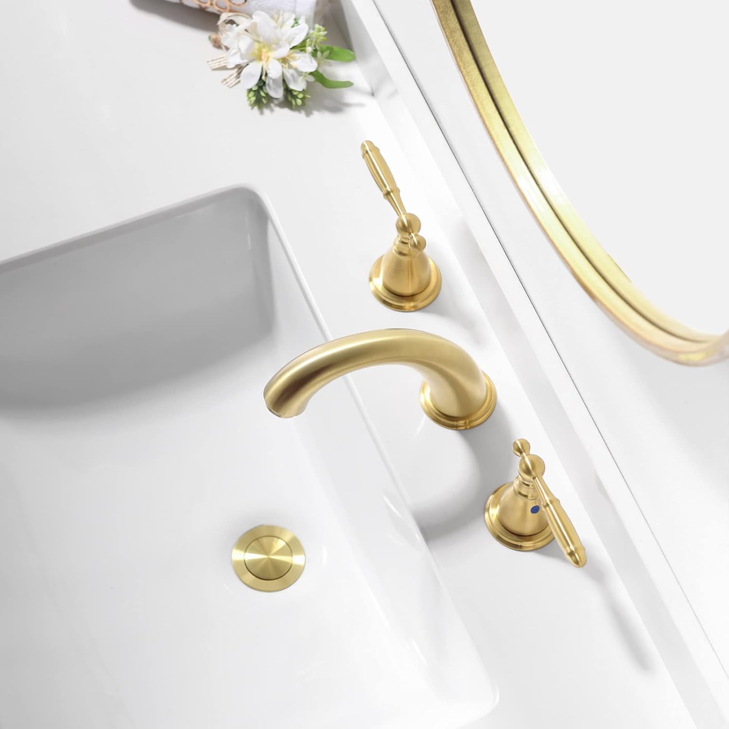 Phiestina Widespread Brushed Gold 8 Inch 3 Hole 2-Handle Bathroom Faucet with Metal Pop-Up Drain Assembly, Low Arc Bathroom Sink Faucet, WF008-4-BG