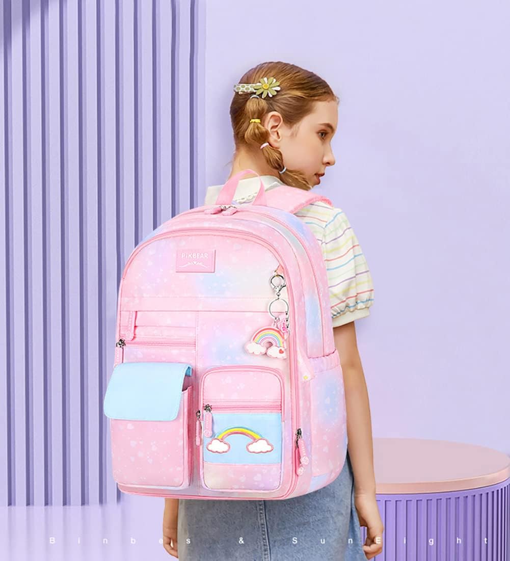MCWTH School Backpack for Girls, Lightweight Waterproof Cute Rainbow School Bookbag for Teen Kids Students Elementary (Rainbow Pink) Large