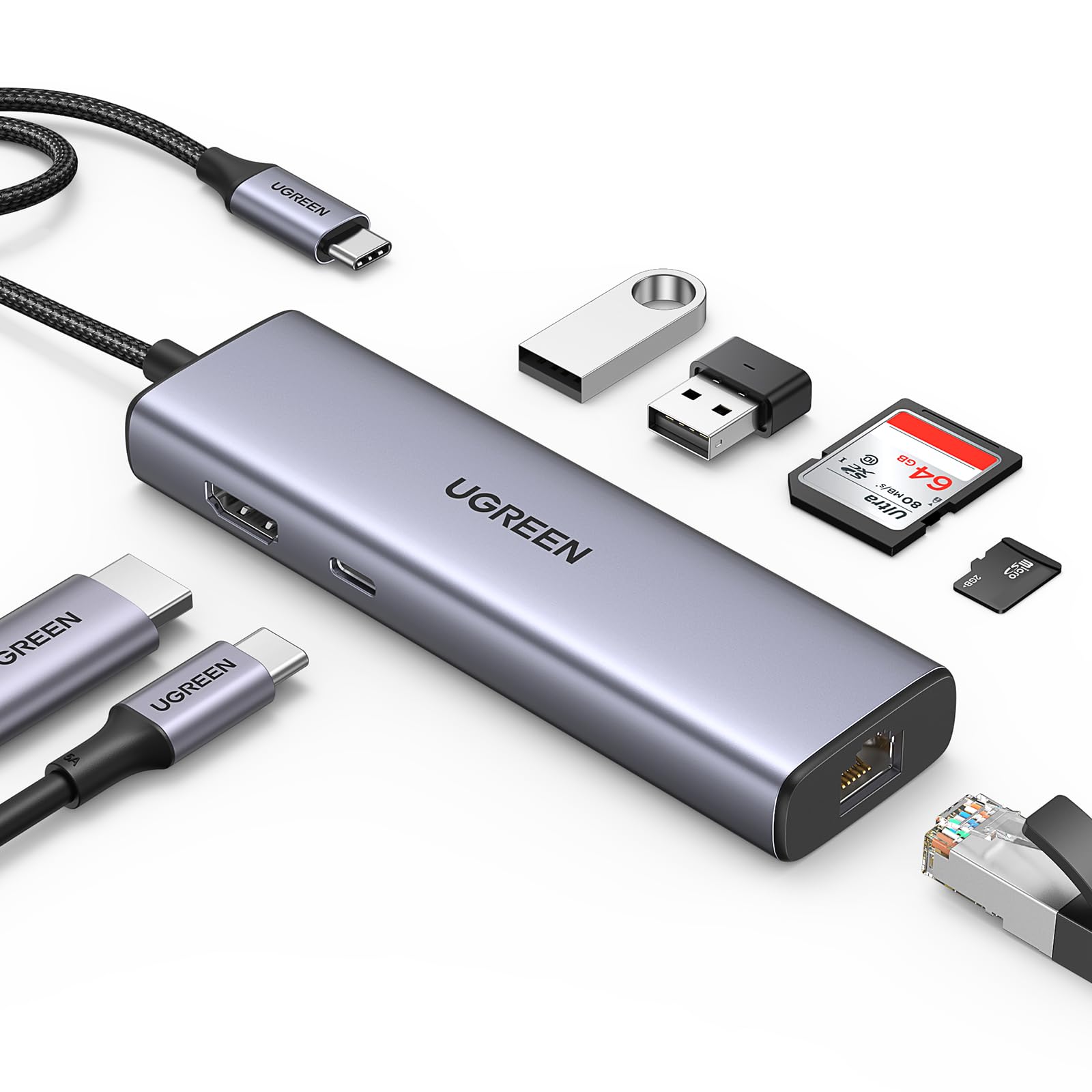 UGREEN 7-in-1 USB C Hub 4K HDMI Multiport Adapter with 1Gbps Ethernet, 100W PD, 2 USB 3.0, SD/TF Card Reader, USB C Dongle Compatible for MacBook M1/M2/M3, iPad Pro, Dell, Lenovo,Switch,Rog Ally