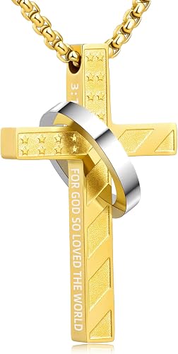 Laeclily Cross Necklace for Men Stainless Steel Ring Pendant Necklaces Gold Amer