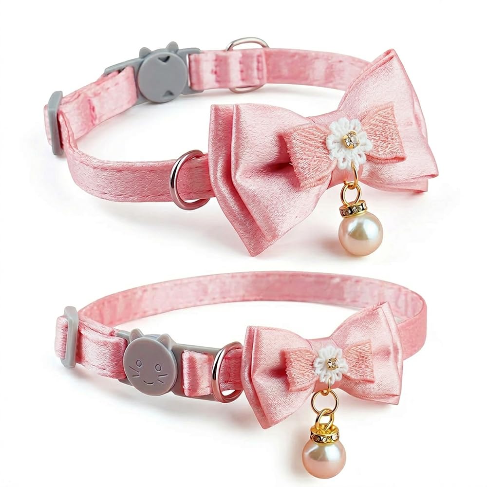 2PCS Pink Breakaway Cat Collar Adjustable Feline Neckwear Bowtie Satin-Like Finish Safety Clasp for Indoor Outdoor Daily Walking Wedding Pet Attire Photography Feline Accessories Set