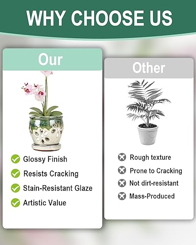 Miniatura 2 de 4 Inch Ceramic Orchid Pots with Holes and Saucers - 2 Pcs Small Ceramic Orchid Planter Pots for Repotting, Plant Garden Pots for Indoor and Outdoor