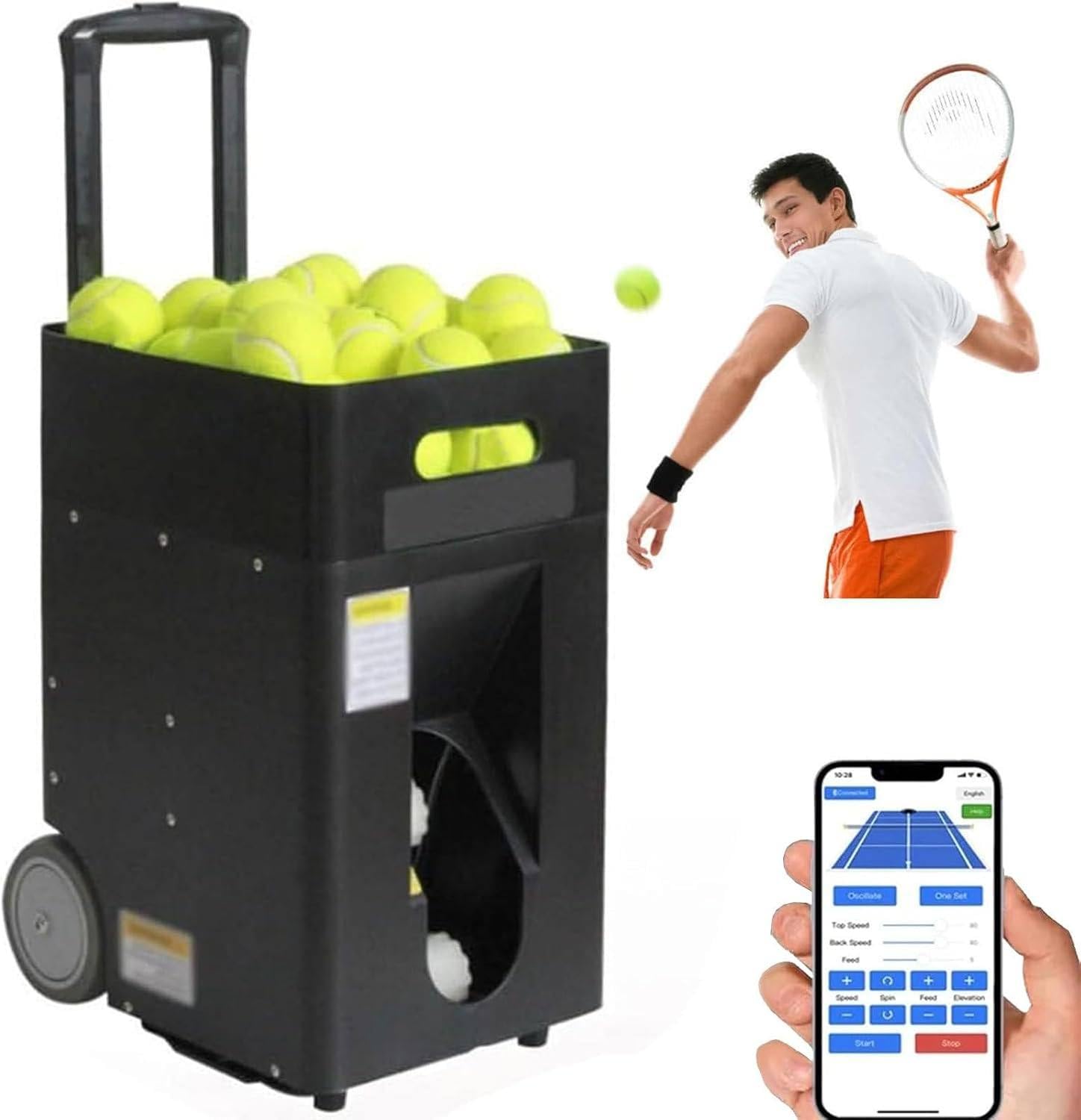 Máquina de lanzamiento de pelotas de tenis inteligente, lanzador de pelotas de tenis, saque automático con velocidad y ángulo ajustables, alta capacidad, ejercicios preprogramados y personalizados