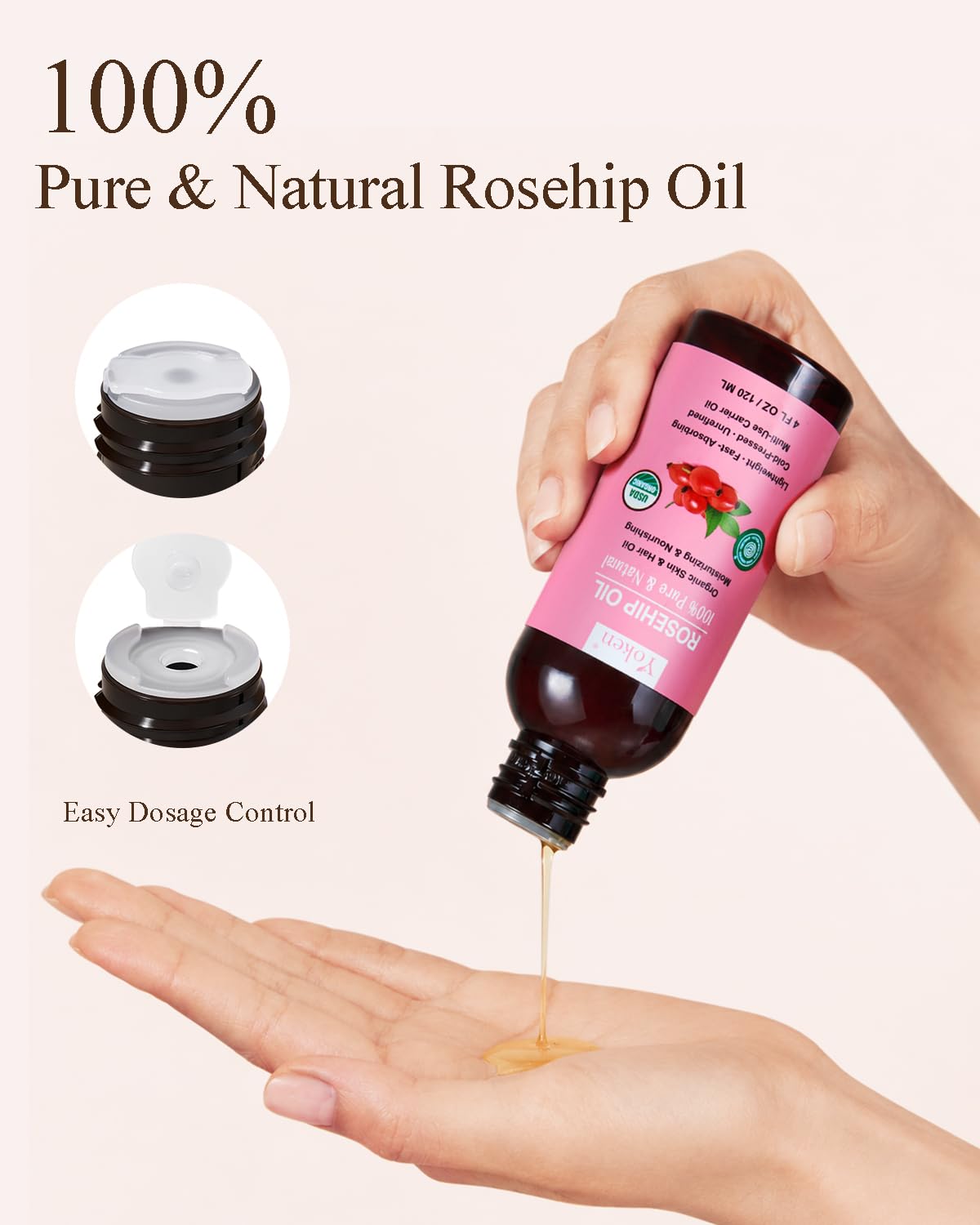 Yoken Organic Rosehip Seed Oil - 100% Pure Rosehip Oil for Face, Skin, Hair, Body & Nails, USDA Certified Cold Pressed Unrefined Rosa Canina Seed Oil, Natural Moisturizing Beauty Oil 4 fl oz