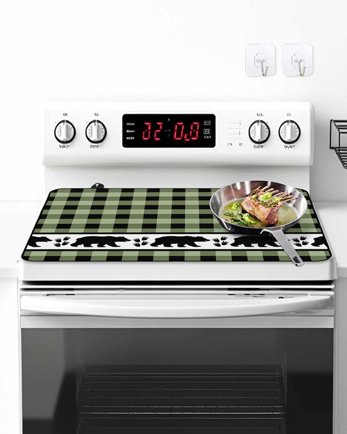 Stove Top Cover Bear Footprints Green Buffalo Plaid Stove Cover for Electric Stove Top Forest Animals Glass Cooktop Covers Anti-Slip Mat Heat Resistant Countertop Protector Home Kitchen Decor 36"x21"