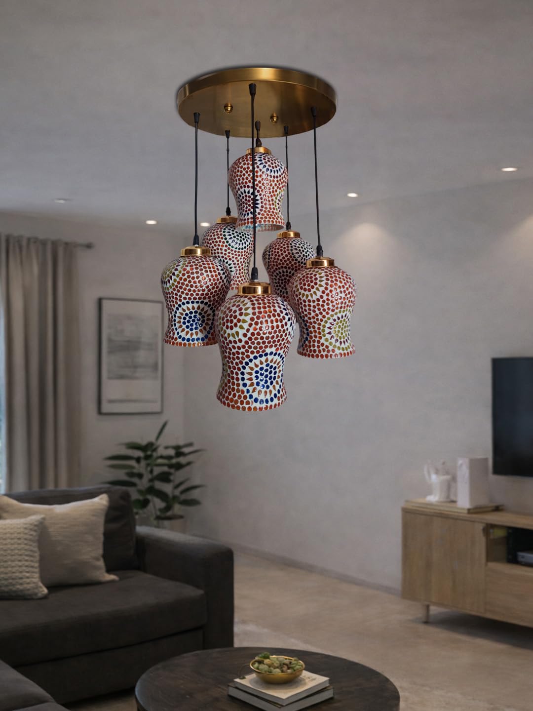 Devansh 6-Light Mosaic Glass Chandelier Ceiling Light (Confetti Multicolor) with Gold Finish – Decorative Cluster Hanging Lamp for Living Room, Dining Area & Balcony-image-0