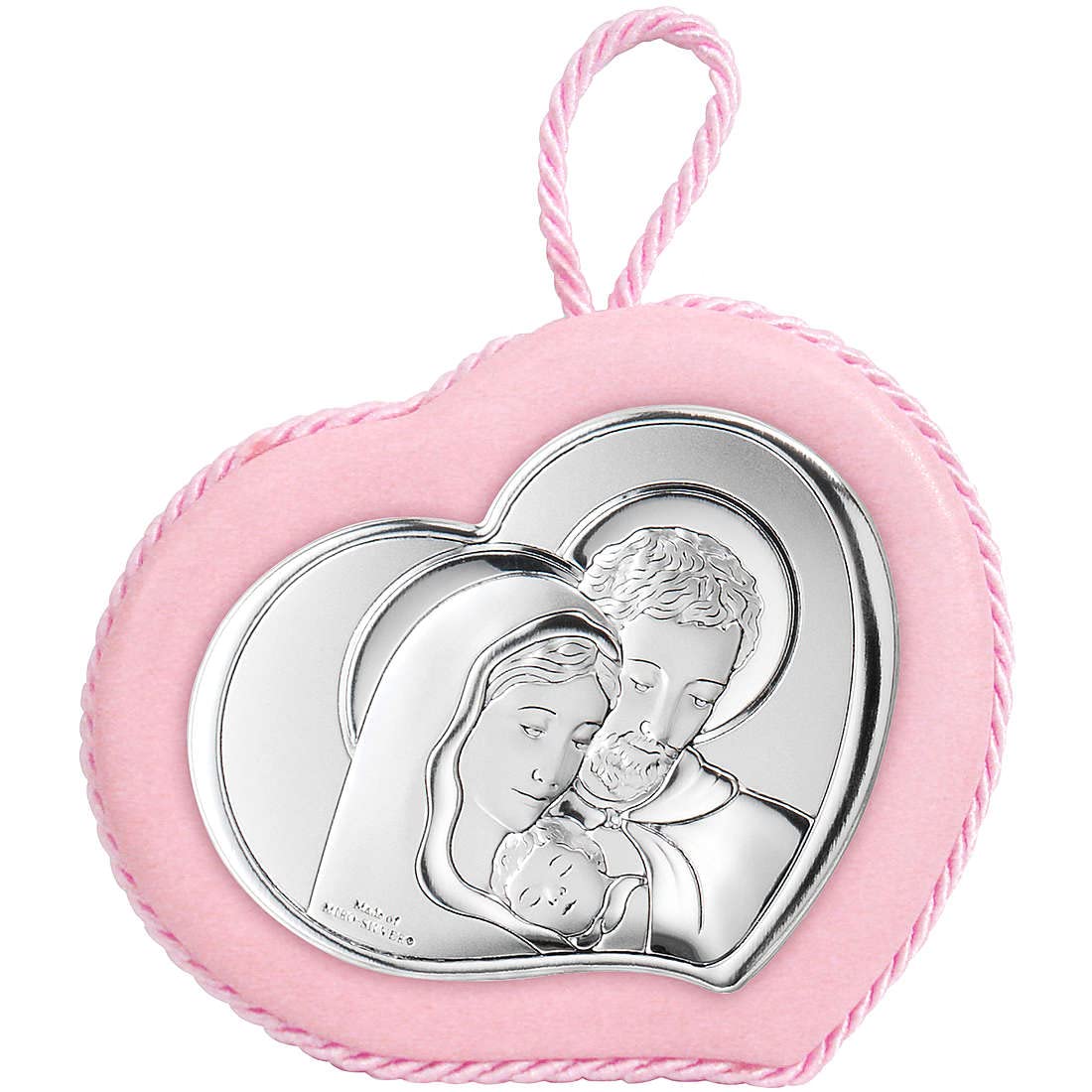 Medaglione di valenti. Medaglione con carillon sacra famiglia rosa delle dimensioni di 10x9cm. La referenza è 10552 ra