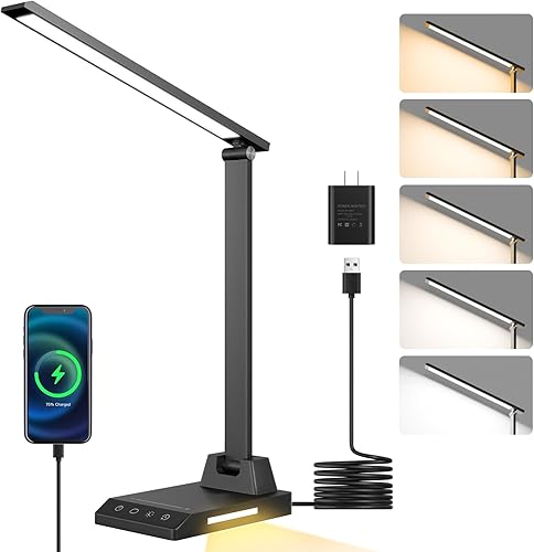 ShineTech Lámpara de escritorio LED para oficina en casa, luz de escritorio regulable con carga USB C, 25 modos de brillo y colores, luz de lectura