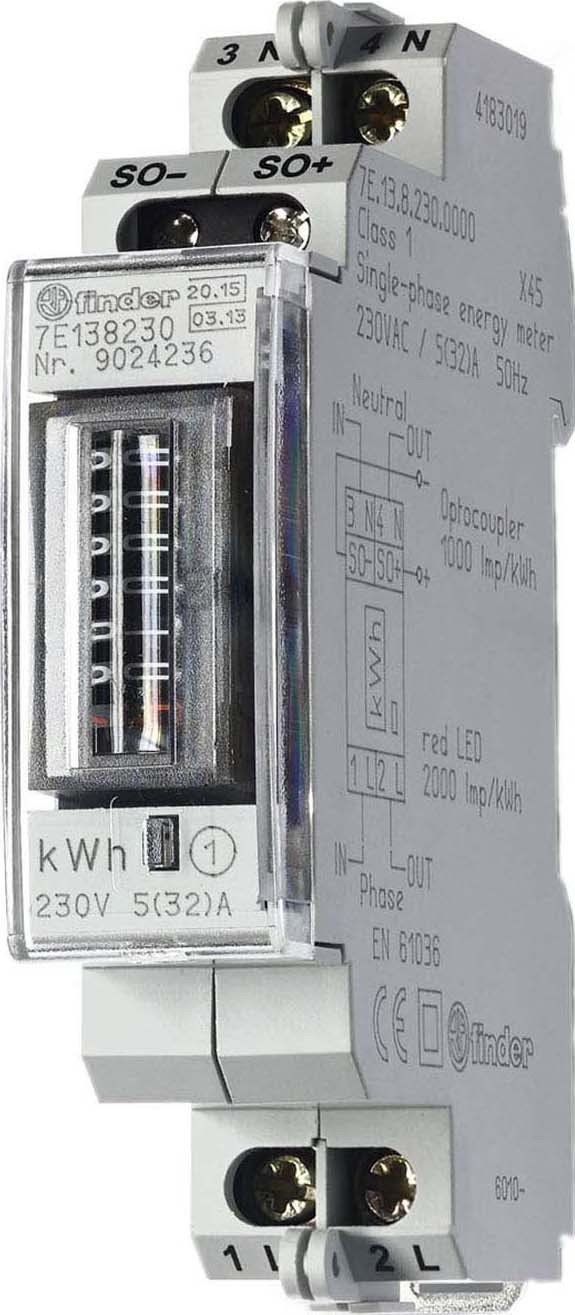 Finder 7E Series 1 Phase Mechanical Energy Meter with Pulse Output, 92.1mm Cutout Height