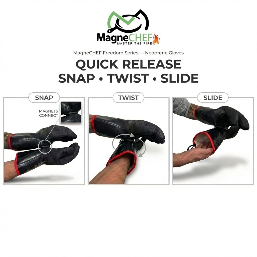 MagneCHEF Freedom - Guantes para barbacoa – Guantes de neopreno extremadamente resistentes al calor a 500.0 °C con puños de 18 pulgadas de largo, clips de seguridad magnéticos de liberación rápida
