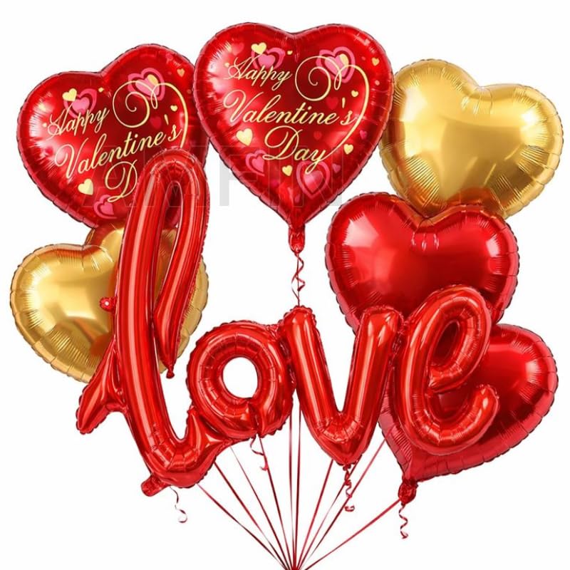 Image of AMFIN (Pack of 7) Happy Valentine Day Foil Balloon Bouquet Love Cursive Heart Romantic Decoration Item - Red Gold