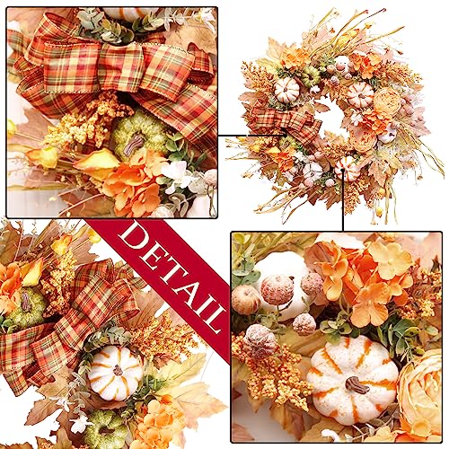 WANNA-CUL 24 Inch Fall Wreath for Front Door with Orange Hydrangea Flowers and Pumpkins-Fall Decoration for Home-Large Fall Decor Door Wreath for Autumn,Harvest, Halloween or Thanksgiving