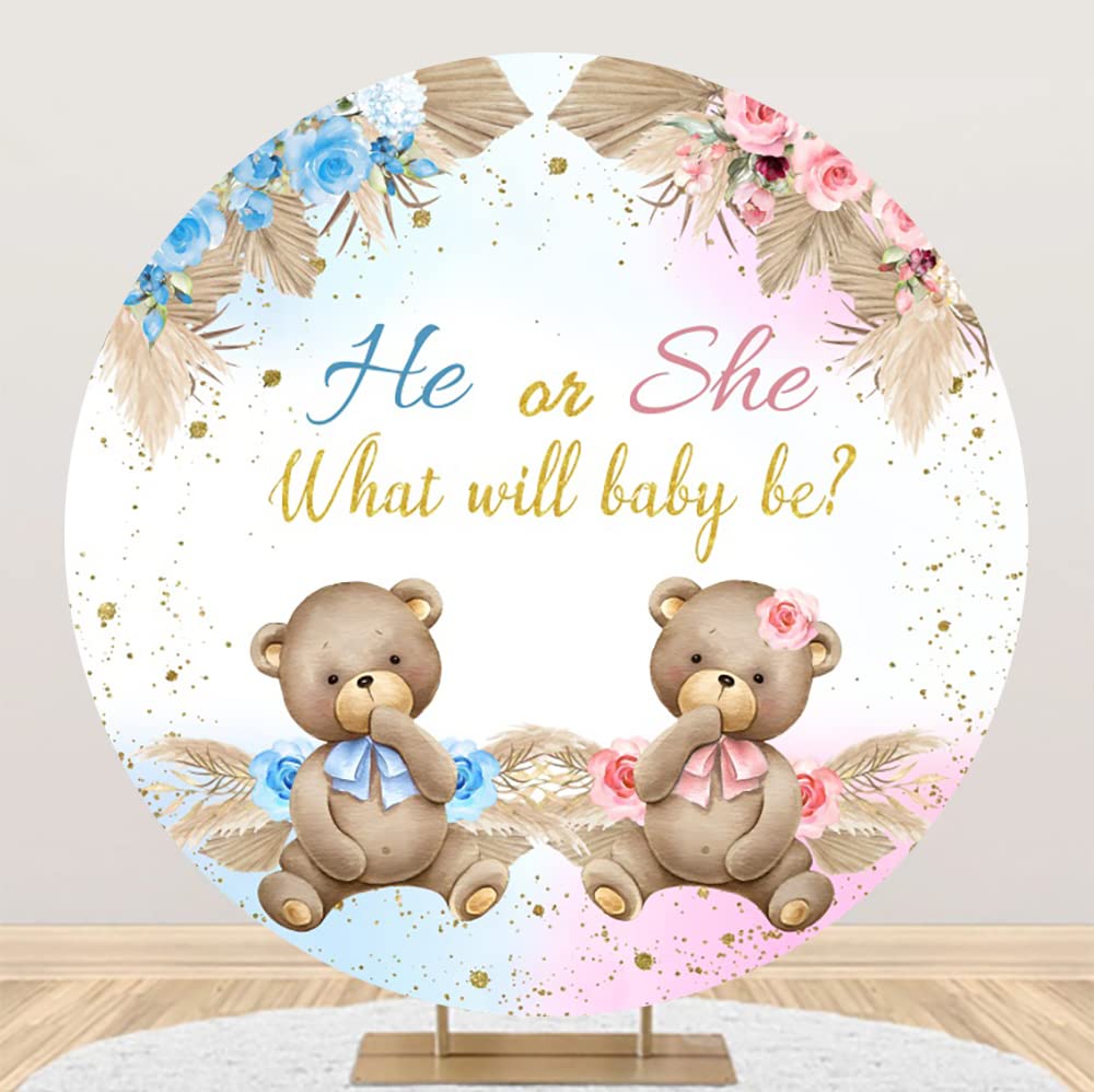 YongFoto Bear Gender Reveal Round Backdrop Cover 6.5ft He or She What Will Baby Be Boho Pampas Floral Blue Pink Photography Background Pregnancy
