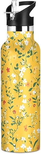 Botella de agua aislada con pajita, flores de otoño, orquídea, tomillo, tomillo, doble pared aislada al vacío, ligera, para deportes, gimnasio,