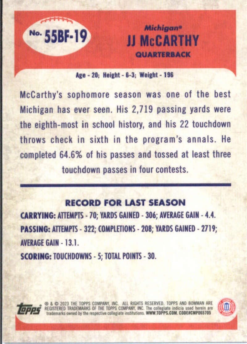 2023 Bowman University Chrome 1955 Football Refractor #55BF-19 JJ McCarthy Michigan Wolverines Football Card - Sportscard Superstore