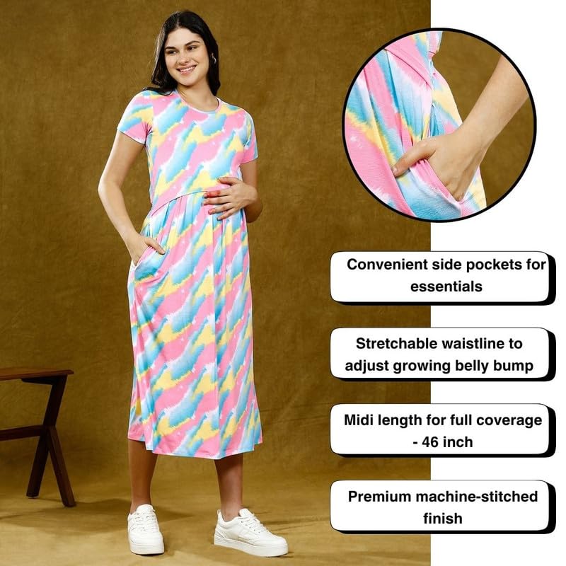 True Shape Maternity Dresses for Women Cotton | Stretchable Zipless Feeding Loungewear Kurta with Side Pockets in Knitted Hosiery for Pre & Post Partum(TS542-L, Rose Pink) 2