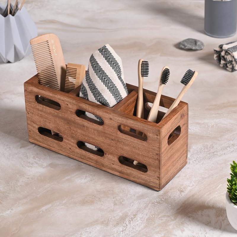 Image of Wooden Cutlery Holder for Kitchen - Cutlery and Tissue Holder for Dining Table | Spoon and Fork Organizer with Ventilated Design | Perfect for Gifting - Brown