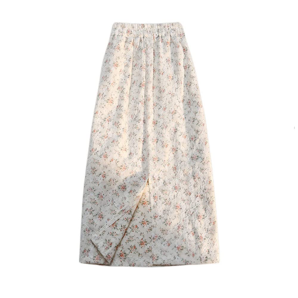 Gonne,Gonna Midi da Donna Elastica Bianca Vita Alta Gonna Floreale in Pizzo retrò Boho Spacco con Cerniera Gonne Lunghe Eleganti A-Line Increspate per Ragazze Signore,L