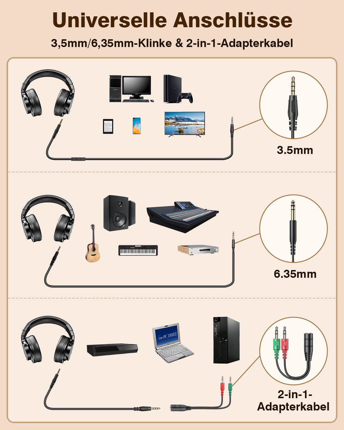 New Bee Studio Kopfhörer, 50mm Treiber Over Ear Kopfhörer mit Kabel, 6,35 & 3,5mm Klinke Kabelkopfhörer für Studio, DJ, Podcast, Monitor
