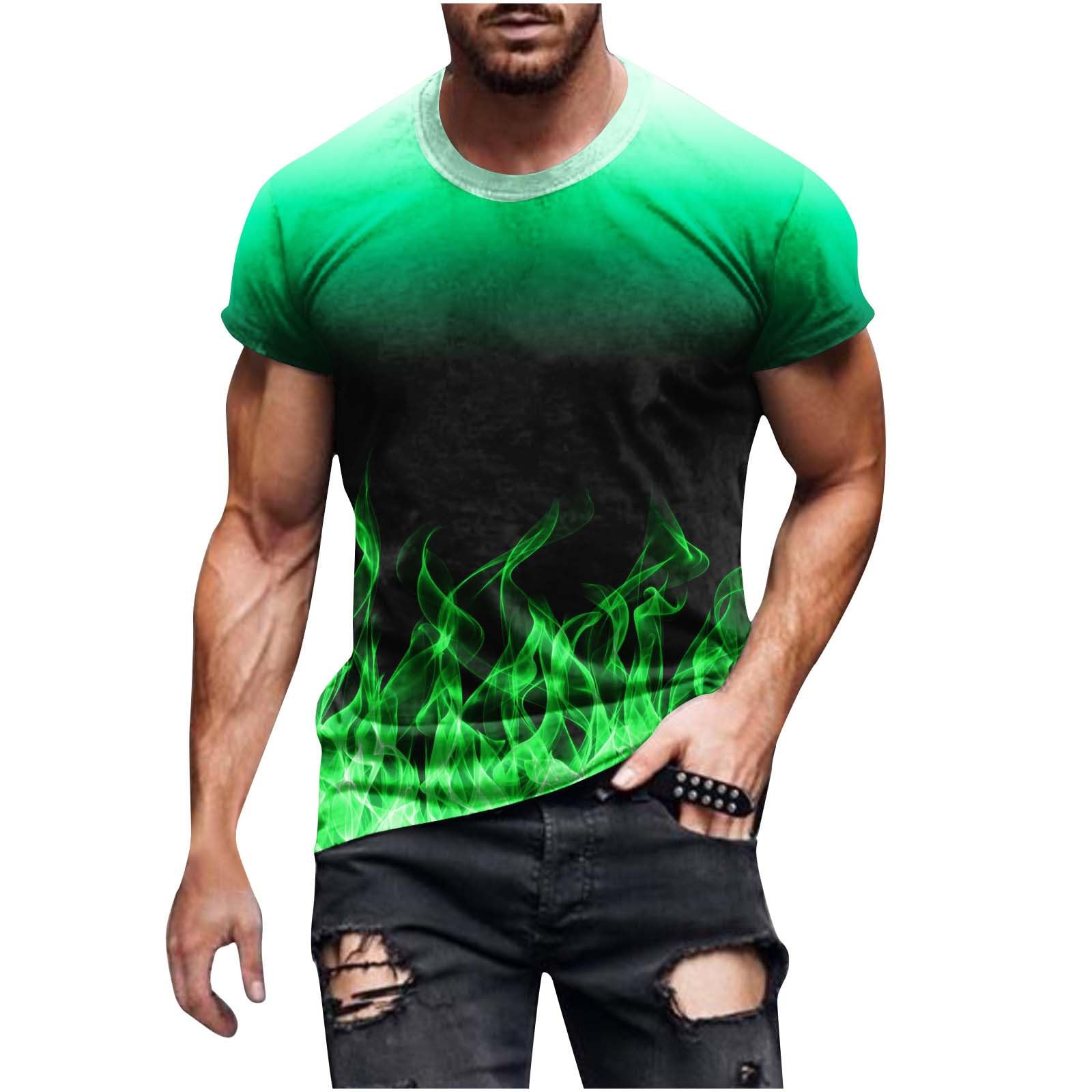 GenericSummer Top Men Striped T Shirts for Men UK Fitness Sports Shorts Sleeves T Shirt Blouse Gradient and Flame Print Tee Shirts Casual Round Neck Stripe Printing Pullover