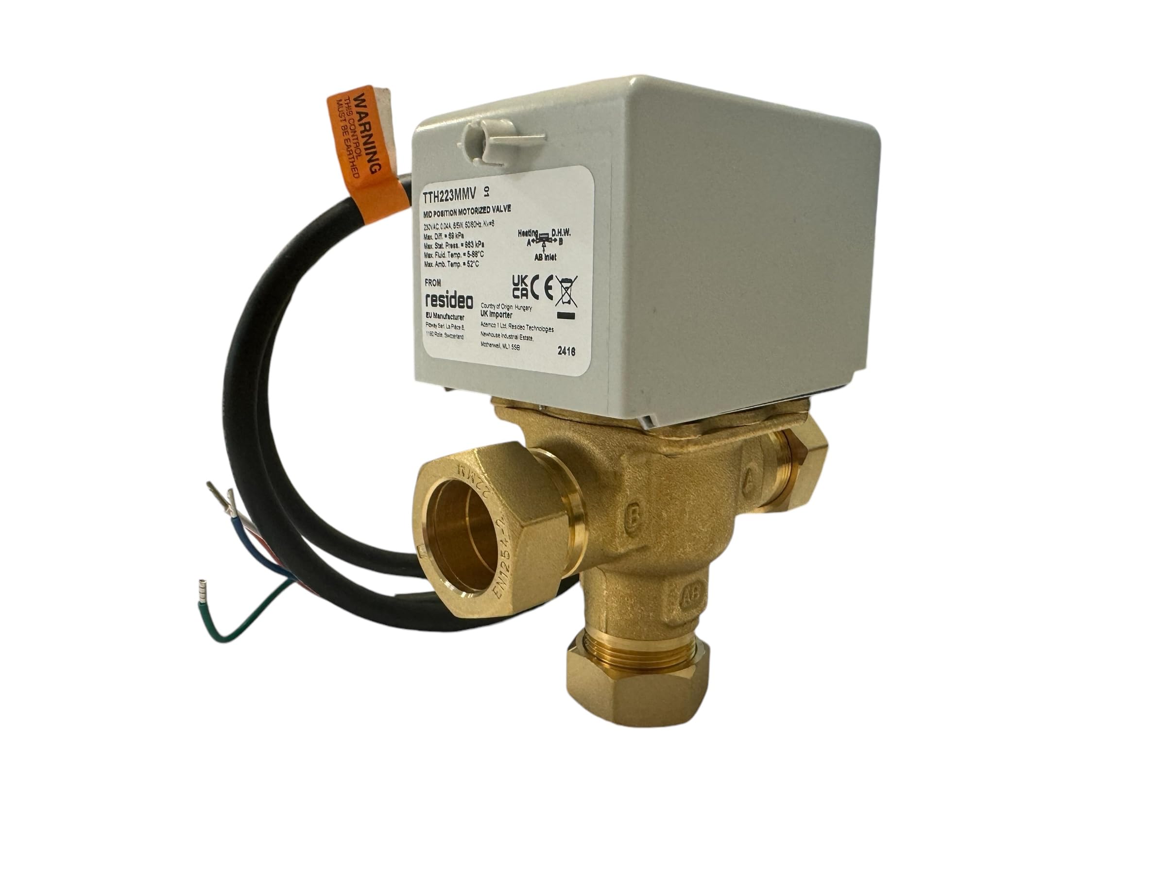 Hanicks Grey / Brass Honeywel Resideo 22Mm 3 Port Motorised Mid Position Diverter Valve V4073a1039 (V4073a) Tth223mmw
