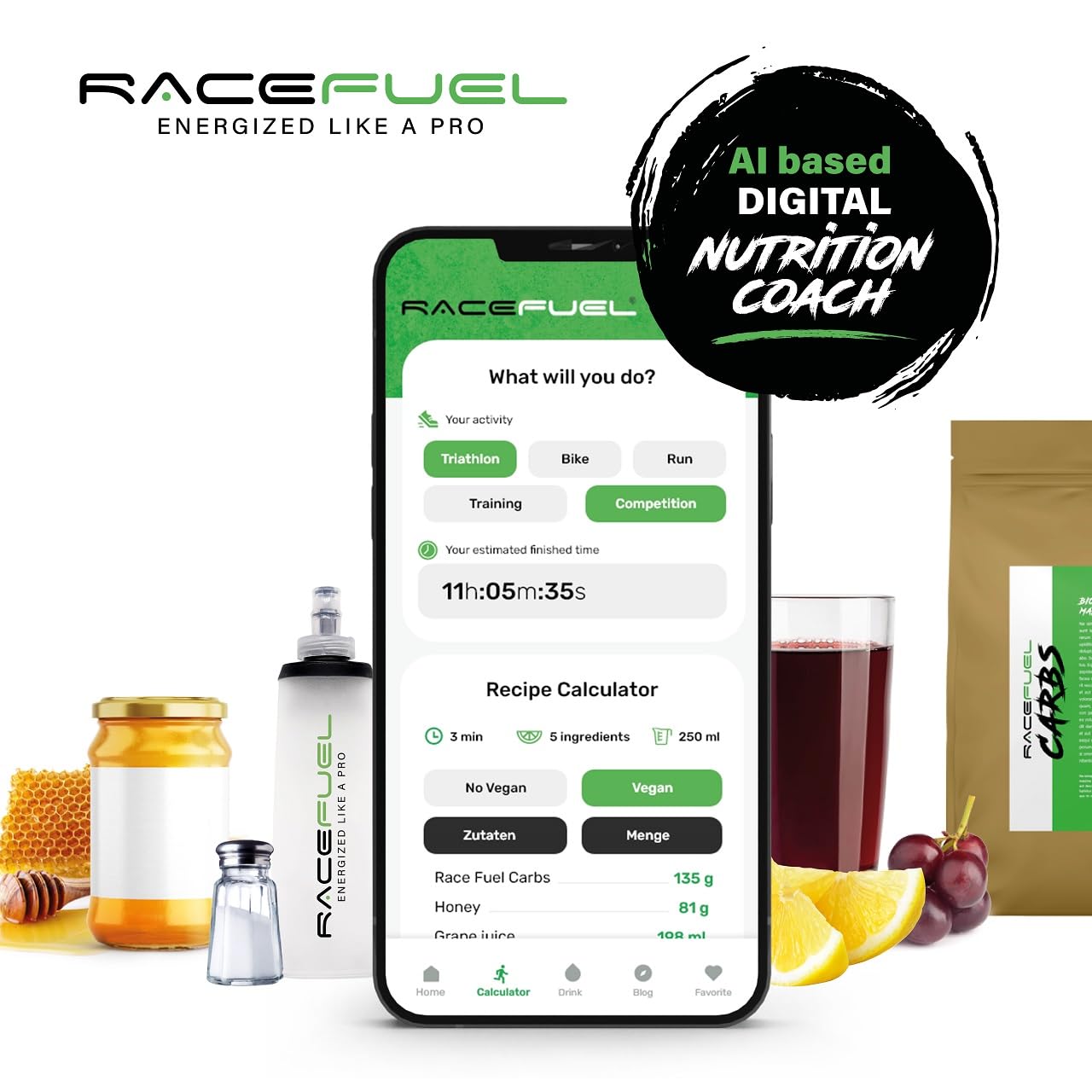 RaceFuel Energy Gel Kit zum Selbermachen für 84x32ml High-Performance Liquid Gel, 100% natürlich & veganes Energie-Gel, inkl. Rezeptrechner und 250ml faltbare Trinkflasche, Soft Flask, Gel for Energy